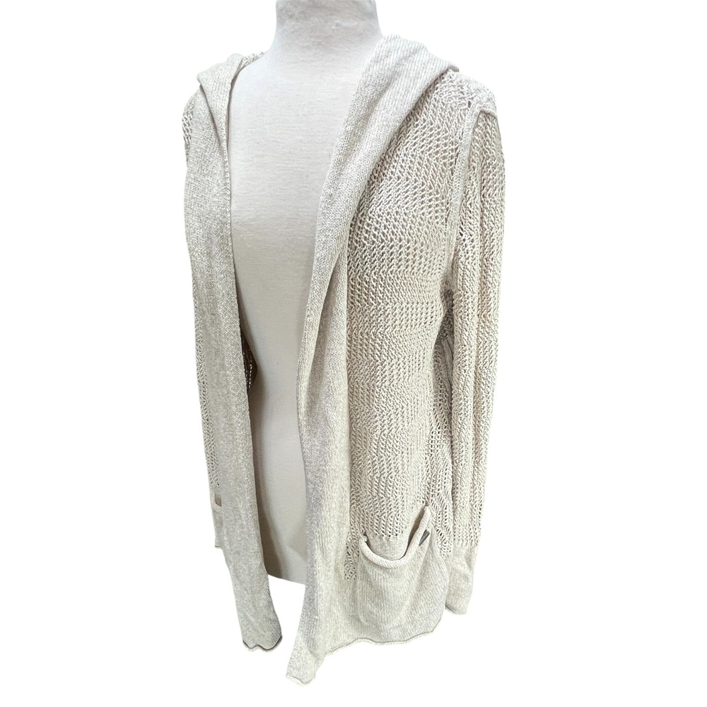 Eddie Bauer Women Linen Blend Open Knit Hooded Cardigan Sweater Sz M Coastal Y2K